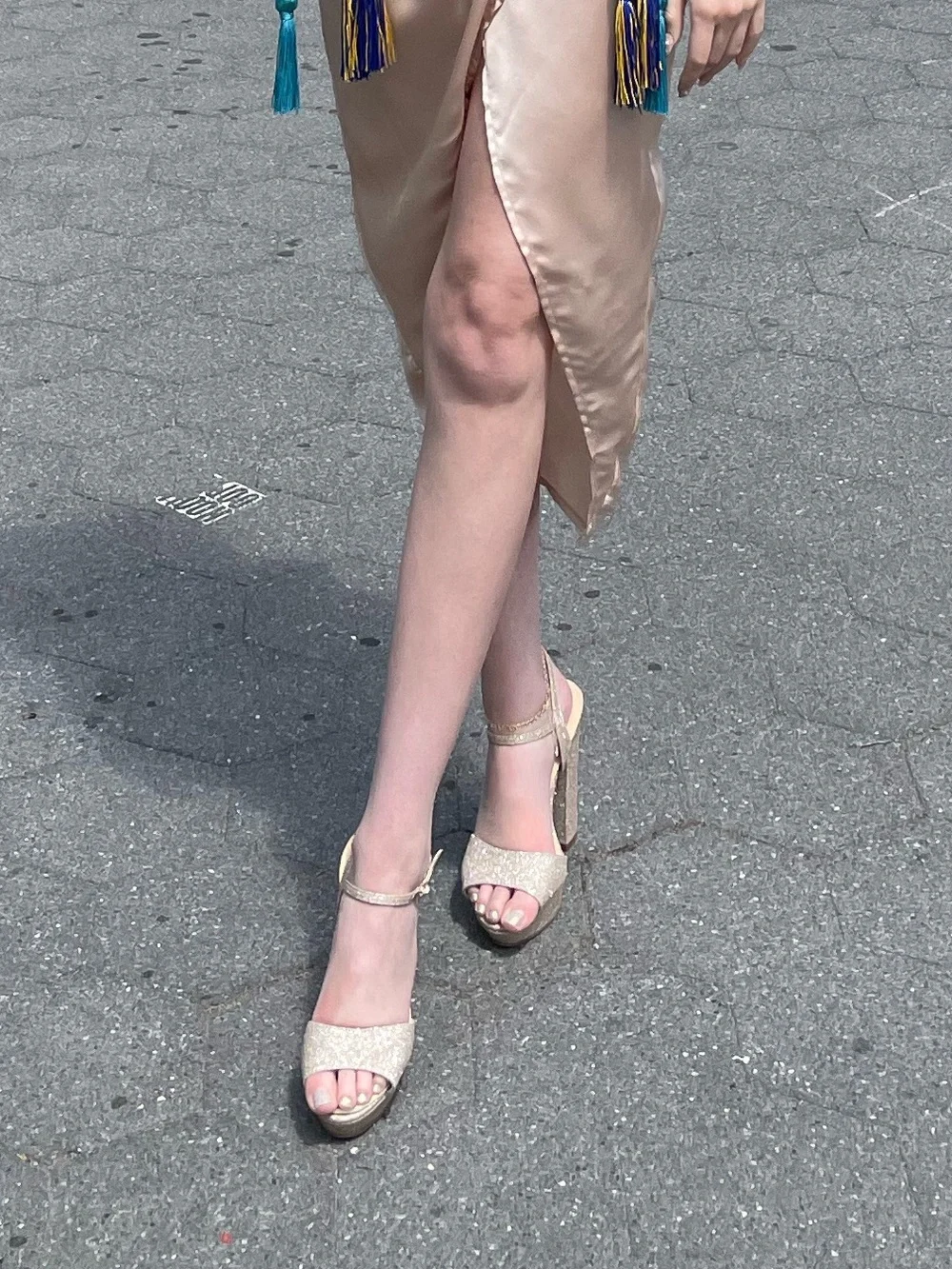 Glitter Platform T-Strap Heels in Gold
